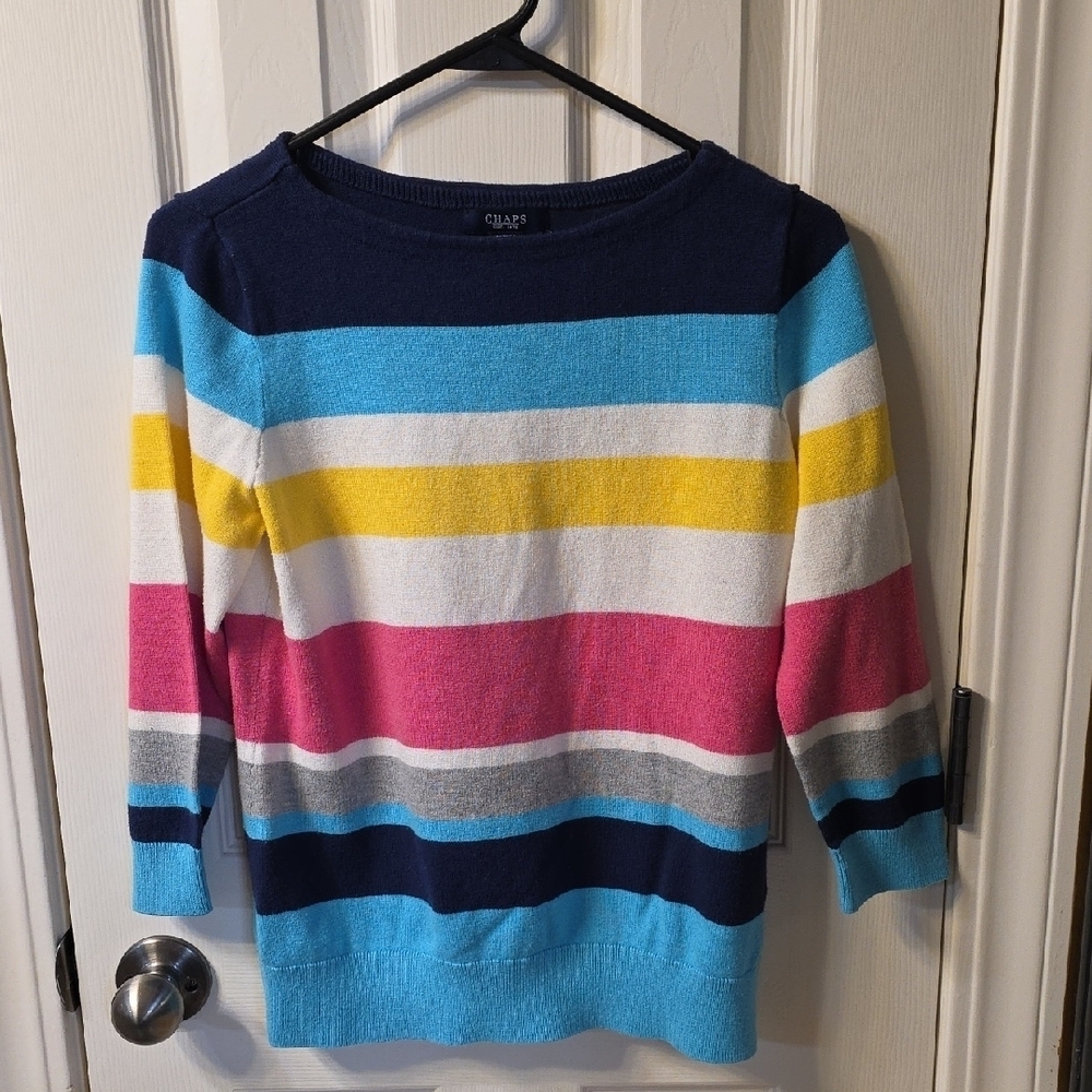 Chaps Women's Striped Sweater - Navy, Blue, Yellow, Pink